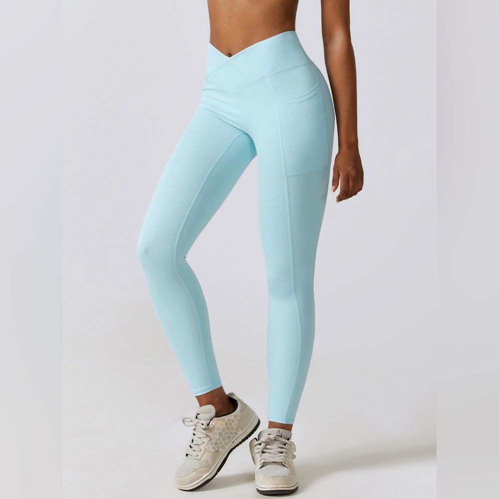 Light Mint Blue Green Crossover Wide Waistband Active Leggings